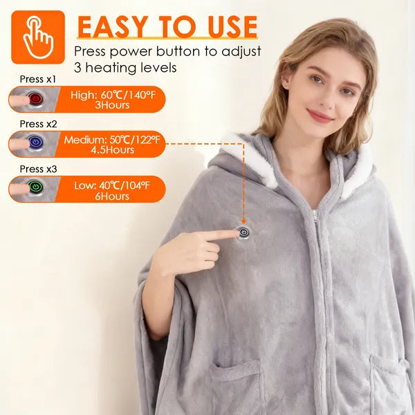 Wearable Electric Heated Blanket Hoodie USB Powered 8 Zone Electric Throw Blanket with Hood, 3 Heat Levels, Machine Washable