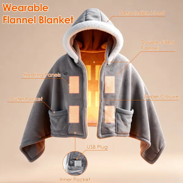 Wearable Electric Heated Blanket Hoodie USB Powered 8 Zone Electric Throw Blanket with Hood, 3 Heat Levels, Machine Washable