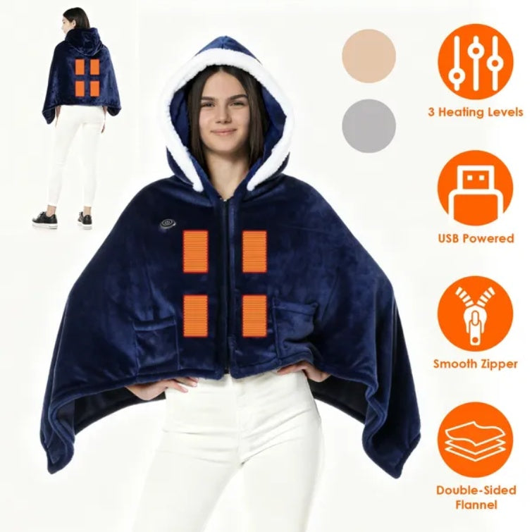 Wearable Electric Heated Blanket Hoodie USB Powered 8 Zone Electric Throw Blanket with Hood, 3 Heat Levels, Machine Washable
